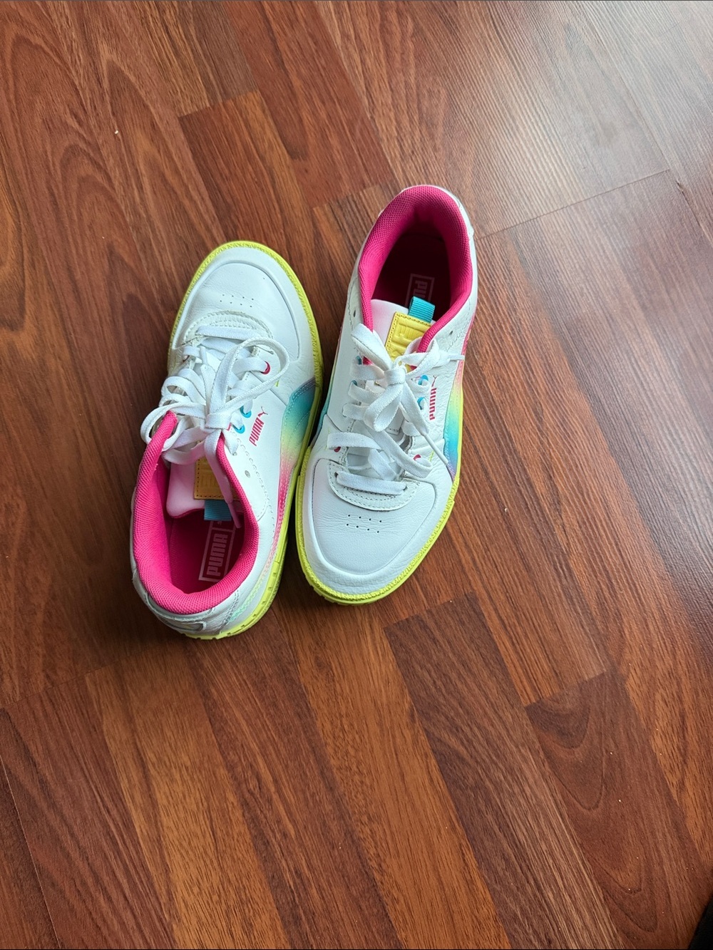 Puma White Sneakers with Neon Yellow Soles and Pink Lining - Picture 3 of 8